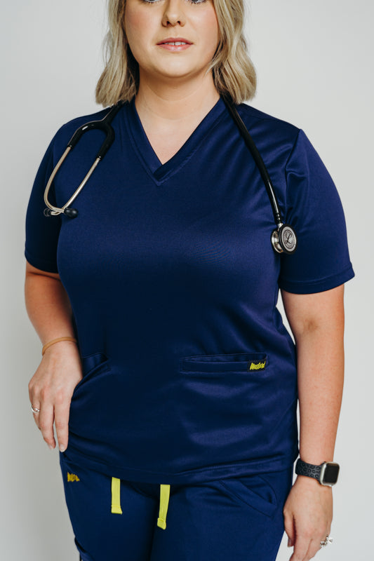 Women's Navy Blue Short Sleeve Double Pocket Scrub Top